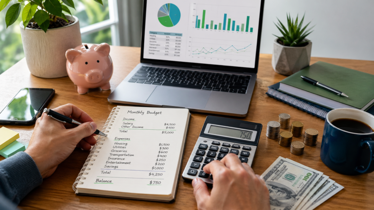 Pessoa anotando metas de planejamento financeiro pessoal com calculadora e documentos