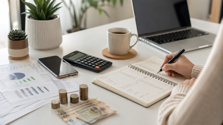 Pessoa organizando como fazer um orçamento pessoal com laptop calculadora e caderno