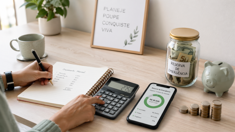 Mesa com caderno e calculadora representando como criar uma reserva de emergência