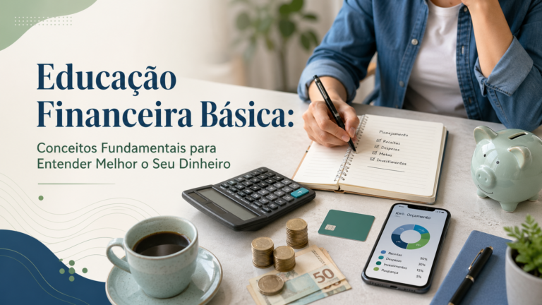 Jovem estudando educação financeira básica com caderno e materiais de estudo sobre a mesa