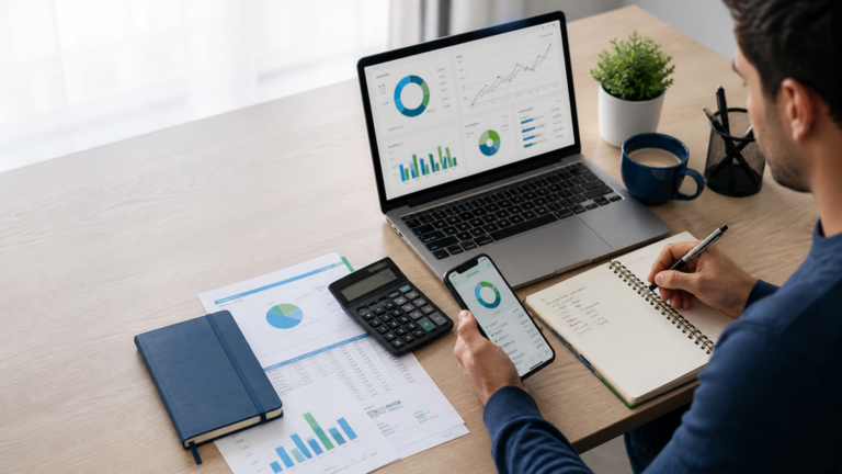 Pessoa organizando controle financeiro pessoal em mesa com caderno calculadora e computador