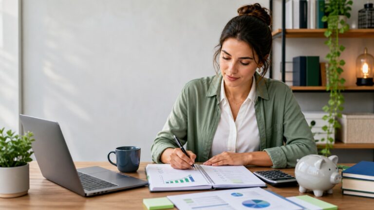 Caderno com metas financeiras escritas e calculadora ao lado para planejamento
