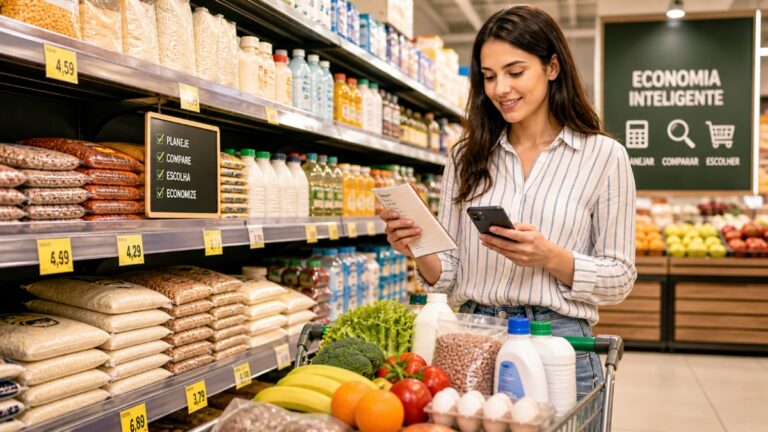 Pessoa fazendo lista de compras antes de ir ao supermercado para economizar